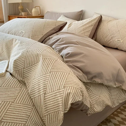 DecorBites™ Grid Printed Cotton Fitted Sheet Set - Double-Sided Mix Color Quilt Cover