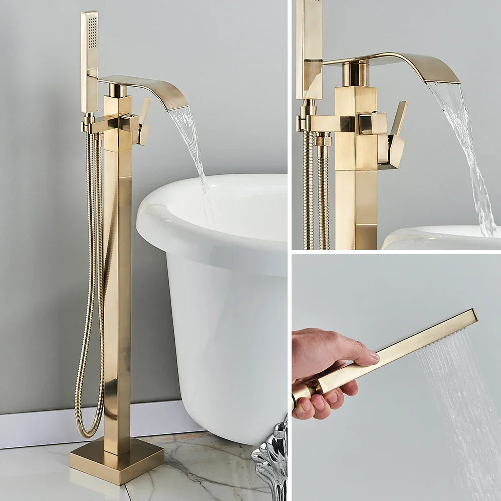 DecorBites™ Brushed Gold Tub Shower Faucet Floor Mounted Waterfall Mixer Tap