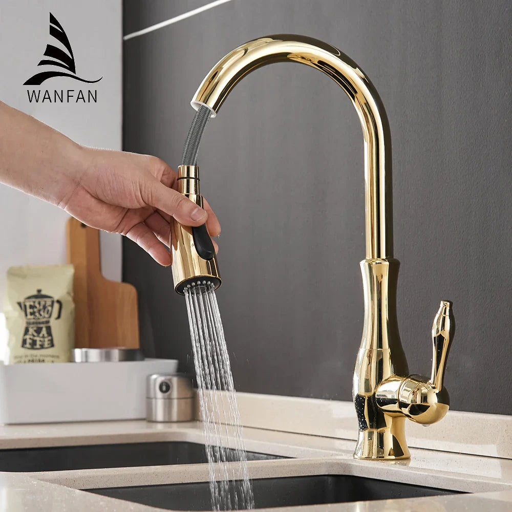 DecorBites™ Gold Kitchen Faucet Single Handle Pull Out Tap Mixer Swivel Water Mixer