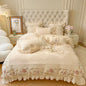 Decobites Vintage French Velvet Lace Embroidery Bedding Set with Ruffles Flowers