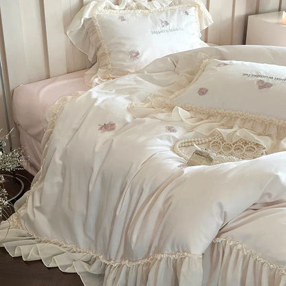 Decobites Vintage Rose Embroidery Lace Princess Wedding Bedding Set