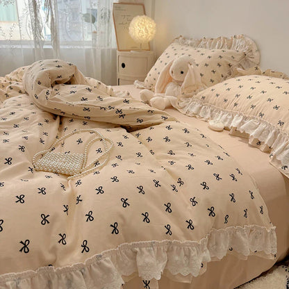 Decobites Floral Lace Ruffles Bedding Set in 100% Cotton, Korean Style, Single/Queen/King Size