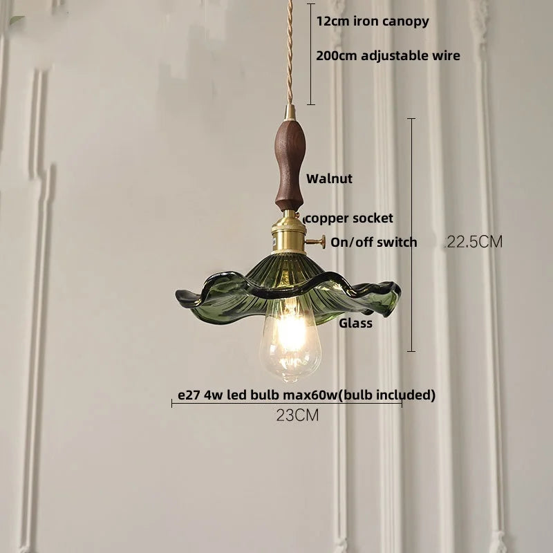 DecorBites™ Green Glass LED Pendant Lights with Walnut Wood Hanging Lamp