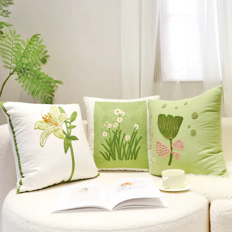 DecorBites™ Green Embroidered Cotton Cushion Cover, Rustic Throw Pillowcase for Living Room Sofa