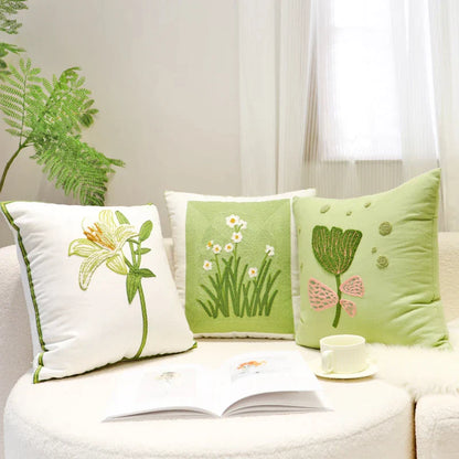 DecorBites™ Green Embroidered Cotton Cushion Cover, Rustic Throw Pillowcase for Living Room Sofa