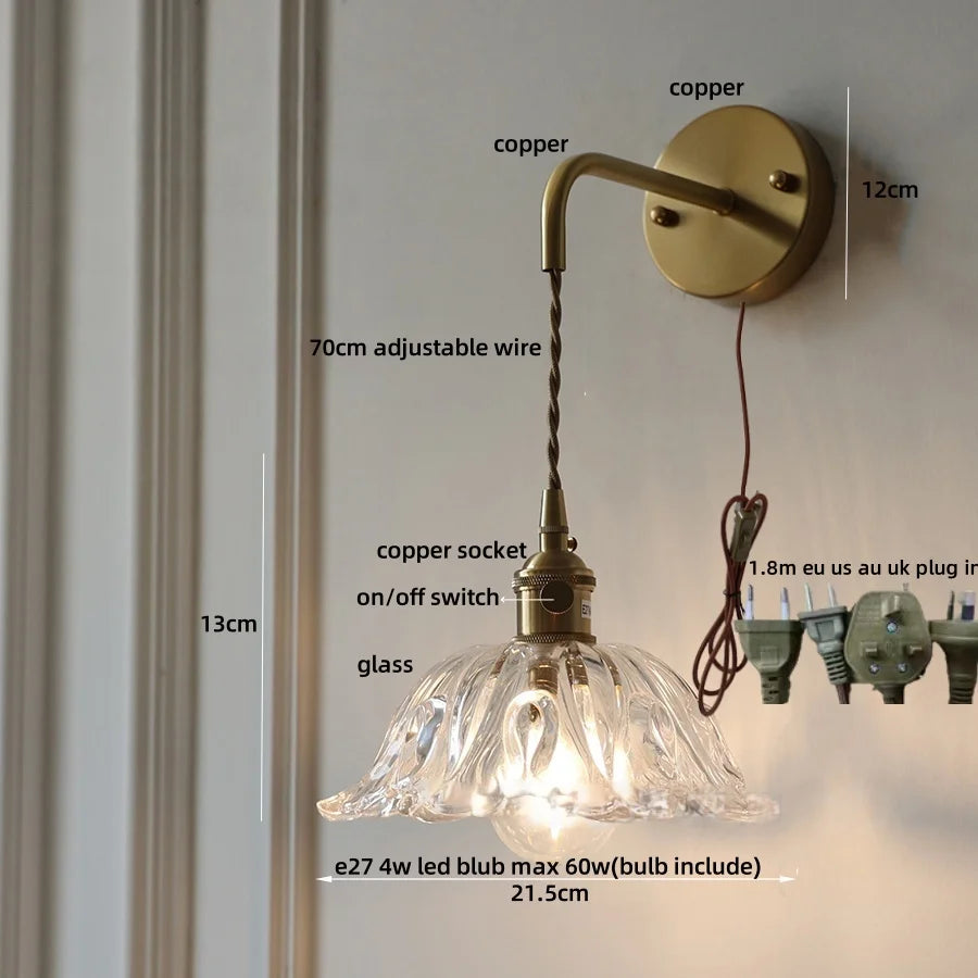 DecorBites™ مصباح حائط LED على شكل زهرة خضراء من الزجاج والنحاس مع سلسلة سحب