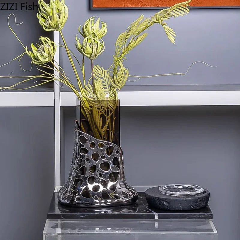 DecorBites™ Gold Plated Hollowed Vase for Desk Decoration and Floral Arrangement