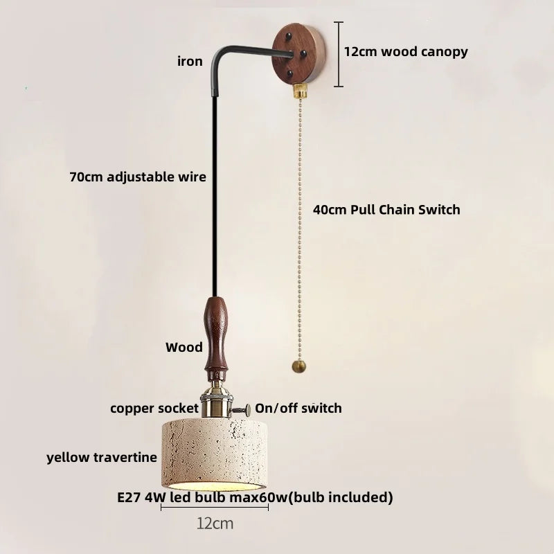 DecorBites™ LED Wall Light Fixture Yellow Travertine Stone Modern Bedside Lamp