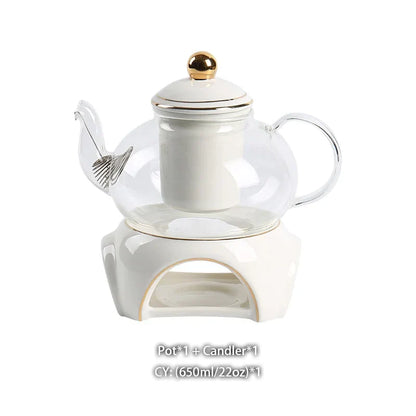 DecorBites™ Gold White Ceramic Tea Set with Glass Teapot - Elegant Teaware Collection