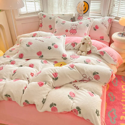 Decobites Flower Print Thicken Winter Warm Bedding Set with Sheet Pillowcases