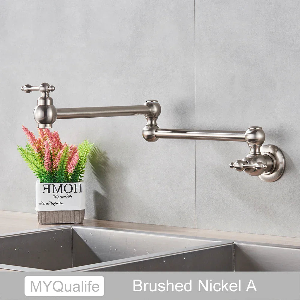 DecorBites™ Brushed Gold Brass Pot Filler Faucet with Folding Spout - Wall Mounted Kitchen Tap