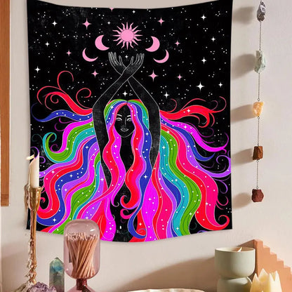 Moon Phase Rainbow Girl Tapestry for Decobites Home Decor