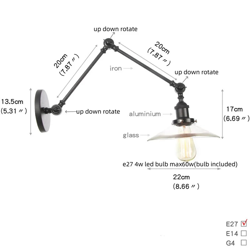 DecorBites™ Industrial Loft Swing Arm Wall Sconce Clear Glass Pull Chain Switch Bedside Lamp