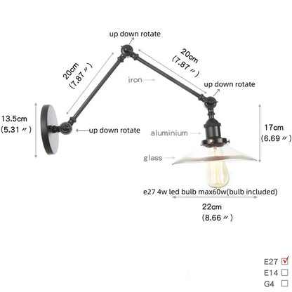 DecorBites™ Industrial Loft Swing Arm Wall Sconce Clear Glass Pull Chain Switch Bedside Lamp