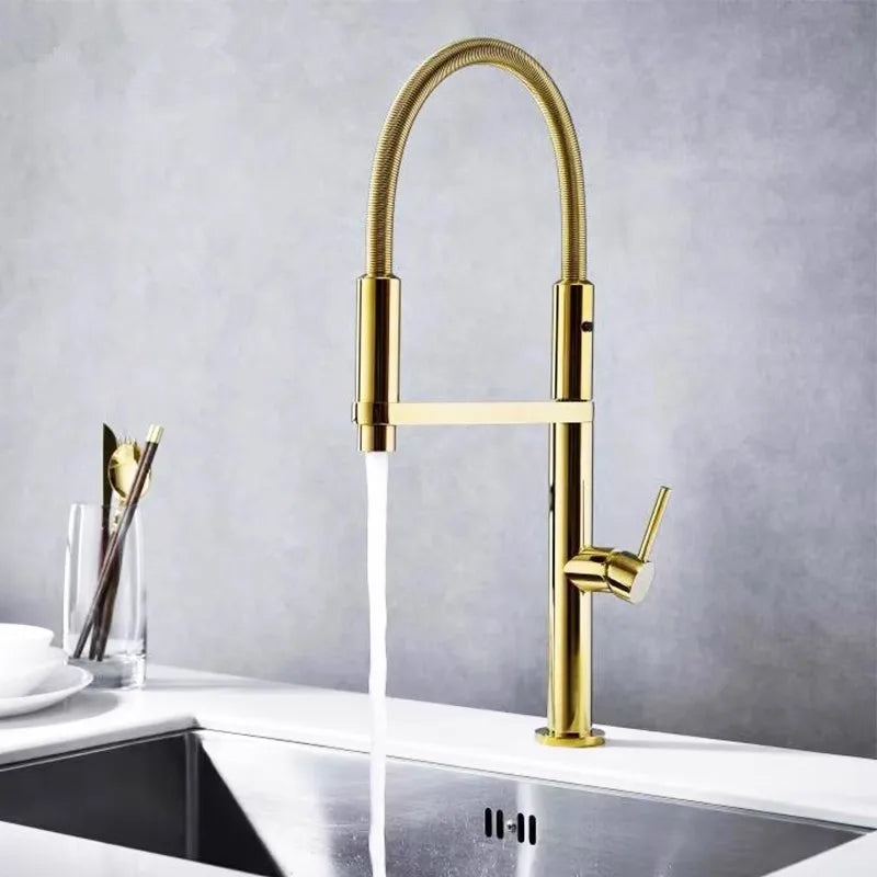 DecorBites™ Gold Brass Kitchen Faucet with Foldable Pull Down Spring Spout Mixer Tap