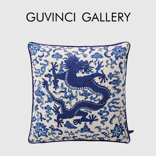 DecorBites™ Indigo Blue Dragon Velvet Pillow Cover 60x60cm Eclectic Style Home Decor