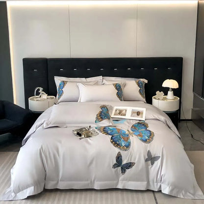 DecorBites™ Butterfly Embroidery Bedding Set: King/Queen/Ru Size Bed Linens, Sheet, Pillowcase, Comforter Cover
