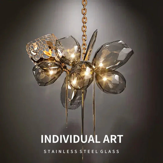 DecorBites™ Glass Shades LED Chandelier Stairs Art Metal Lighting Luxe Chain Hanging Lamp