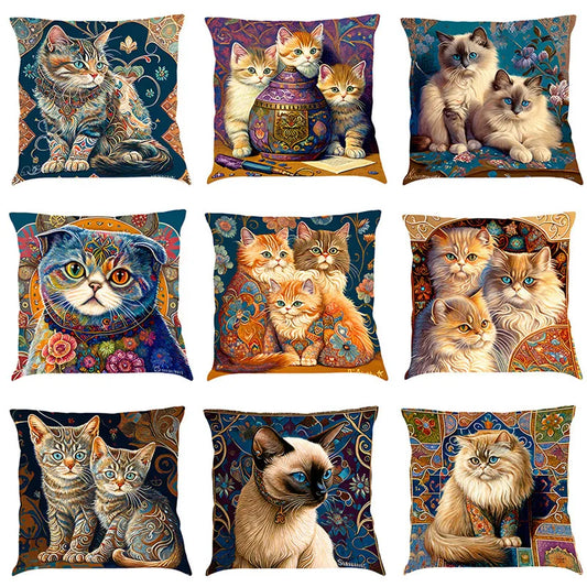 DecorBites™ Cat Design Linen Pillowcase 45x45cm for Home Decor and Cushion Covers