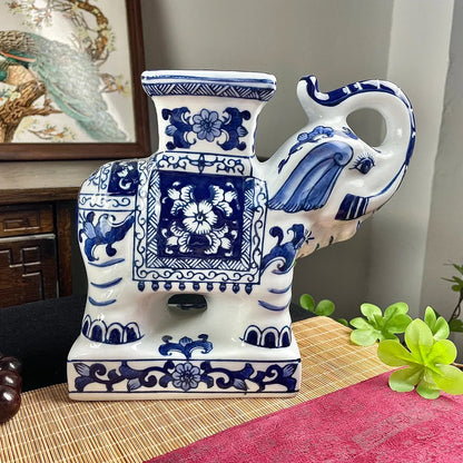 DecorBites™ Elephant Statue, Blue & White Ceramic Table Accessory, Home Decor