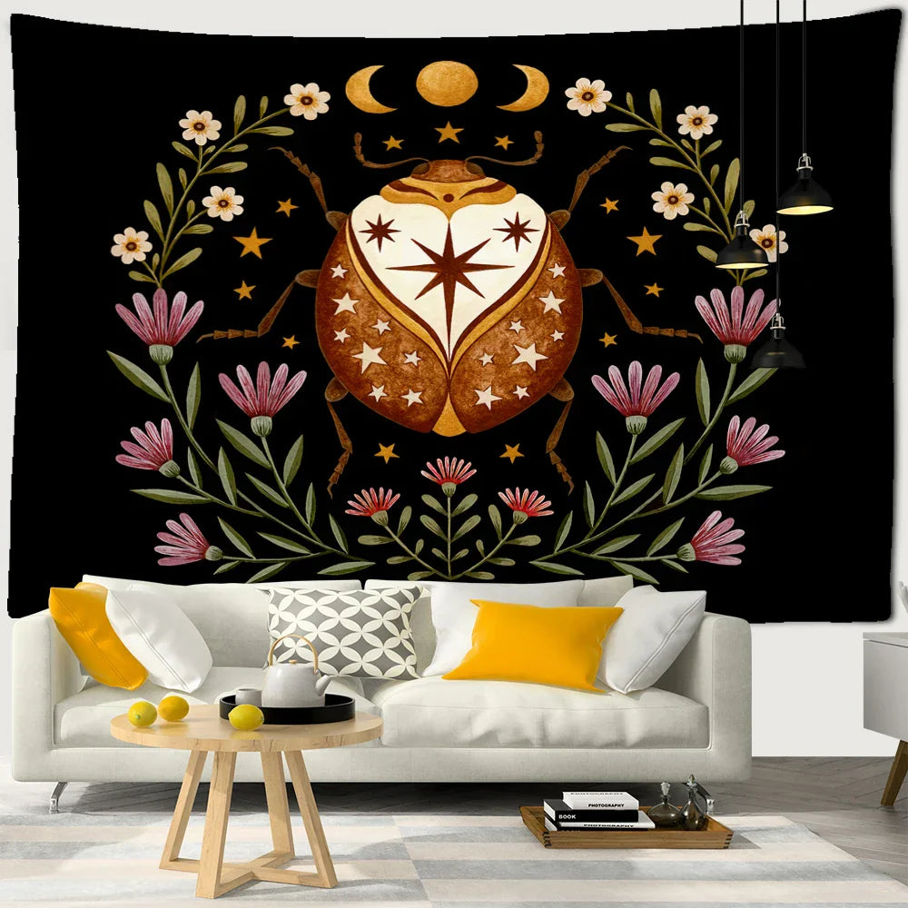 Decobites Moon Phase Mandala Flower Tapestry: Bohemian Room Decor Art