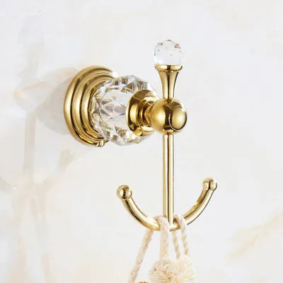 DecorBites™ Brass and Crystal Bathroom Accessories Set: Shelf, Robe Hook, Paper Holder, Brush Holder