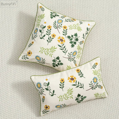 DecorBites™ Daisy Floral Green Leaves Embroidery Cushion Cover for Living Room Bedroom