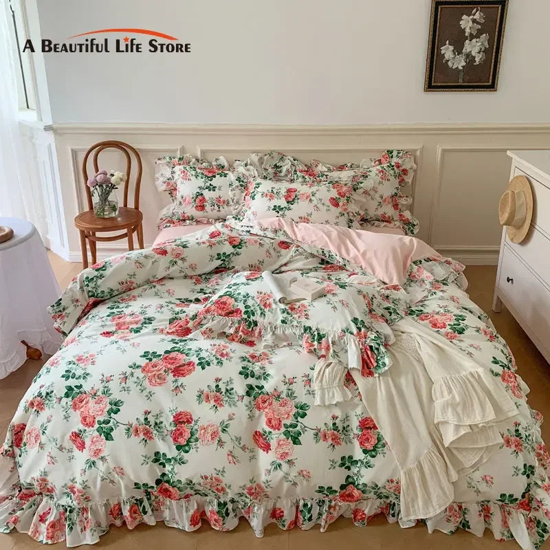 Decobites French Vintage Rose Print Bedding Set with Lace Ruffles and Linen Details