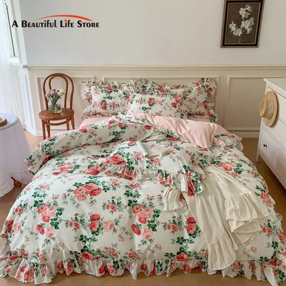 Decobites French Vintage Rose Print Bedding Set with Lace Ruffles and Linen Details