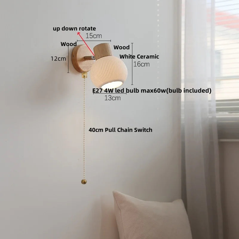 DecorBites™ Ceramic LED Wall Lights with Pull Chain Switch, Modern Wood Base Bedside Lamp