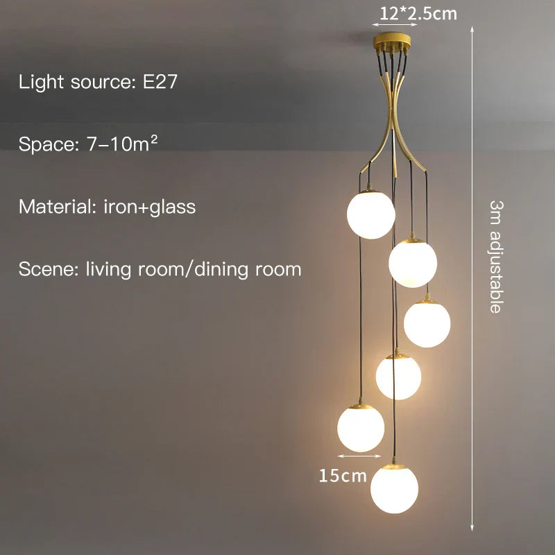 Lámpara de araña LED con bola de cristal DecorBites™, decoración moderna y minimalista para escaleras de villas tipo loft.