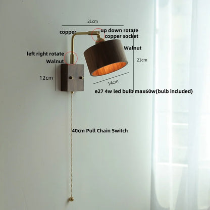 DecorBites™ Copper LED Wall Light Sconce Pull Chain Switch Rotatable Bedside Lamp