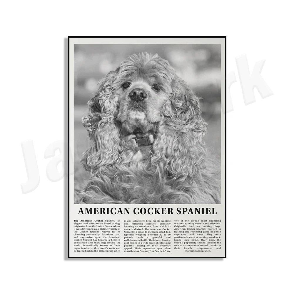 DecorBites™ Black & White Dog Breeds Poster: Greyhound, Cocker Spaniel, Akita, Malamute, Cattle Dog