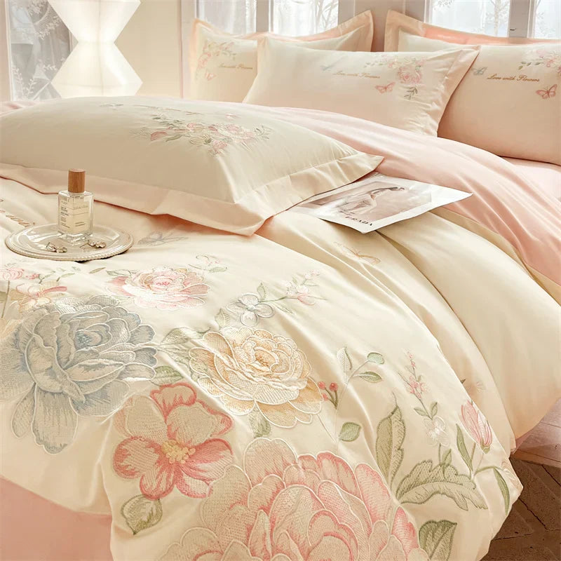 Decobites Floral Butterfly Embroidery Cotton 4Pcs Bedding Set, Beige/Pink Theme