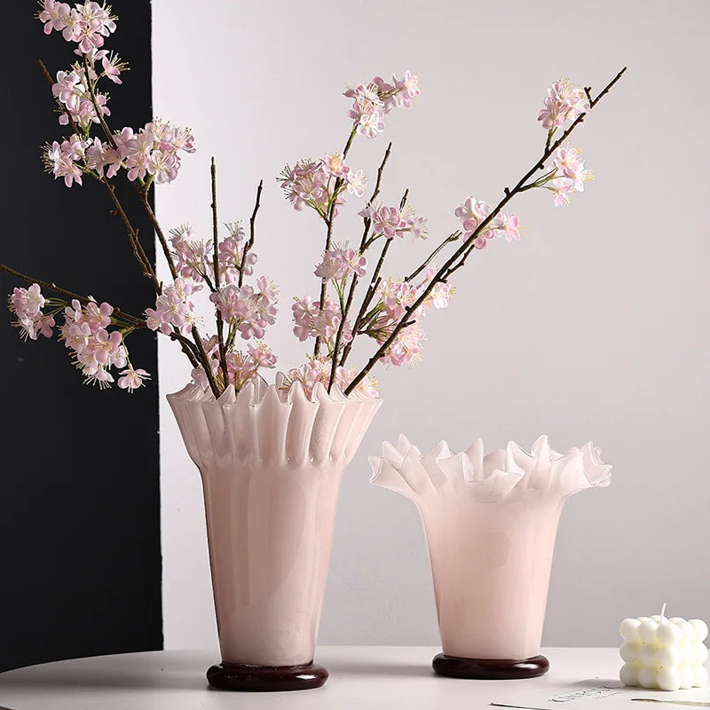 Jarrón de Vidrio Grande Decorbites™ con Borde de Hoja de Loto para Decoración del Hogar