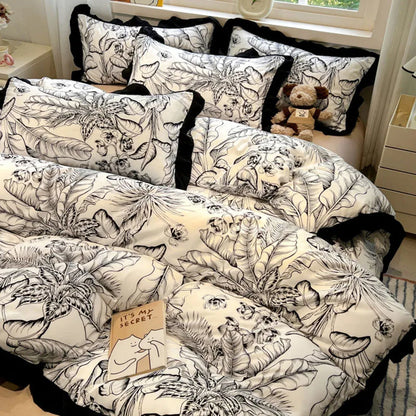 DecorBites™ Korean Black White Hepburn Style Bedding Set with Lace Fitted Sheet Set