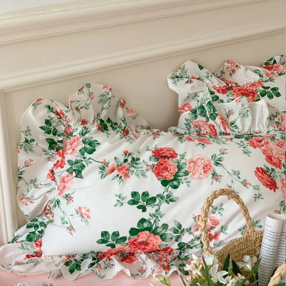 Decobites French Vintage Rose Print Bedding Set with Lace Ruffles and Linen Details