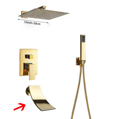 مجموعة دش الحمام الذهبية DecorBites™ مع رأس دش مطري مربع وحنفيات خلاط مخفية