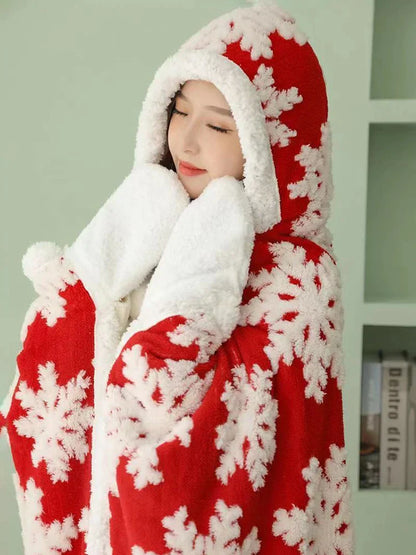 DecorBites™ Hooded Christmas Coral Velvet Wearable Blanket