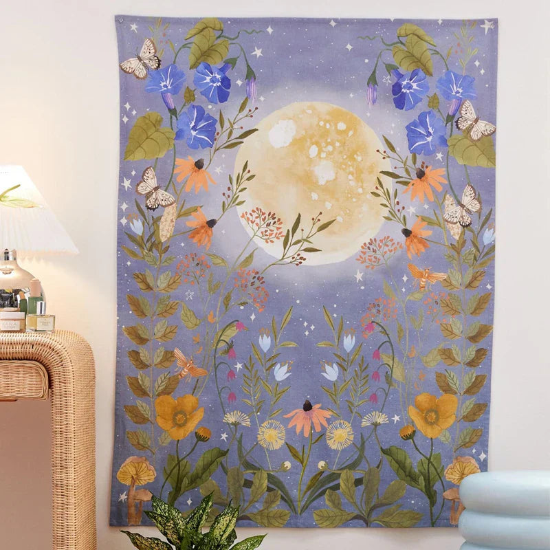 Decobites Moon Floral Butterfly Tapestry Wall Hanging, Hippie Witchcraft Decor