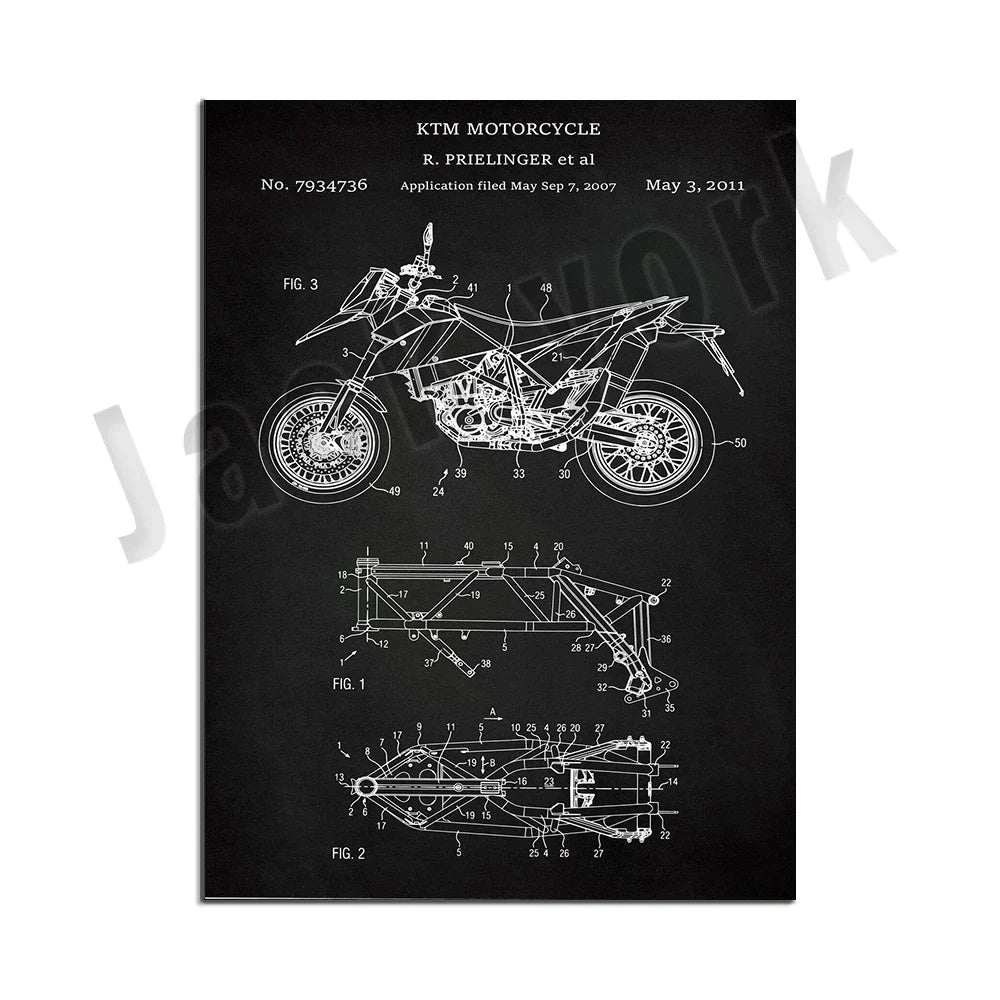 DecorBites™ Dirt Bike Patent Blueprint Poster Canvas Wall Art