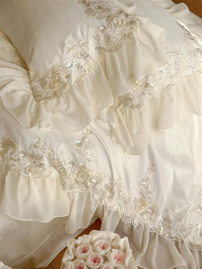 Luxury Lace Ruffle Wedding Bedding Set by Decobites