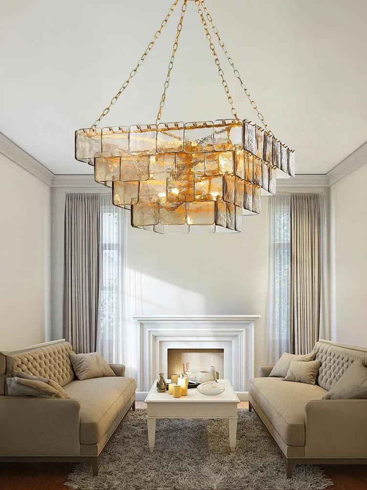 DecorBites™ Gold Glass Chandelier Luxe Living Room Lighting Fixture Luxurious Hanging Lamp
