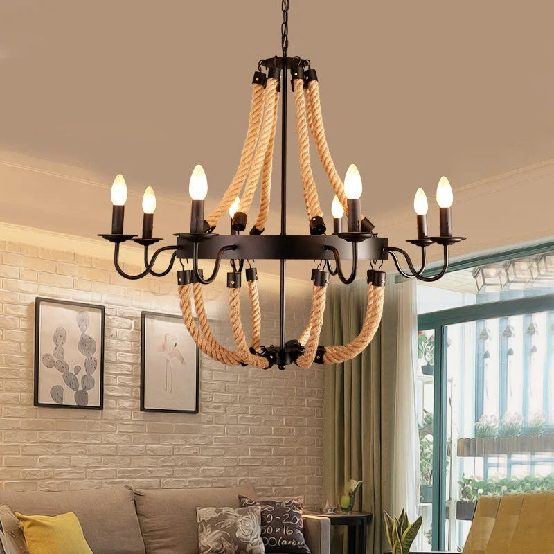 DecorBites™ Hemp Rope Ceiling Chandelier Vintage Pendant Lamp for Dining Room & Living Room