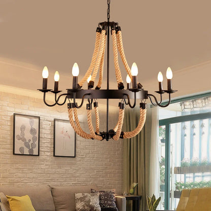 DecorBites™ Hemp Rope Ceiling Chandelier Vintage Pendant Lamp for Dining Room & Living Room