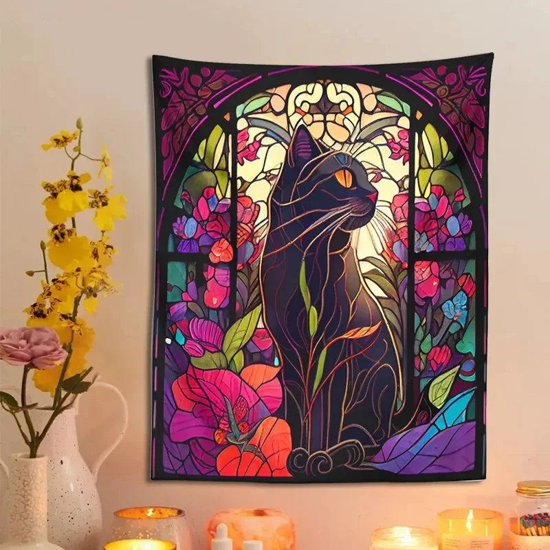 Decobites Black Cat Tapestry Wall Hanging - Psychedelic Floral Art for Cat Lovers