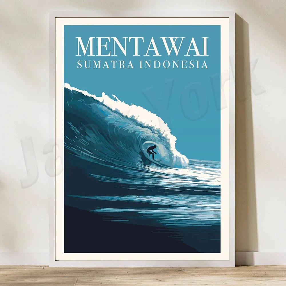 DecorBites™ Bali Surfing Poster - Uluwatu, Canggu, Pererenan Estuary, Borobudur, Komodo, Rice Field Illustration