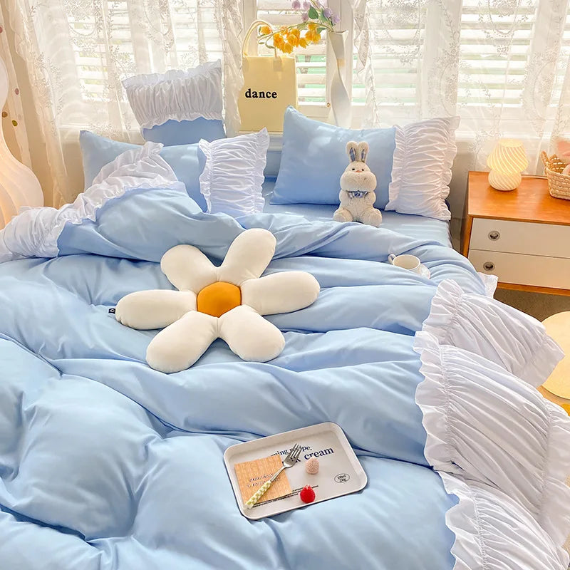 DecorBites™ Lace Trim Solid Cotton Bedding Set - Queen/King/Double/Single Sizes