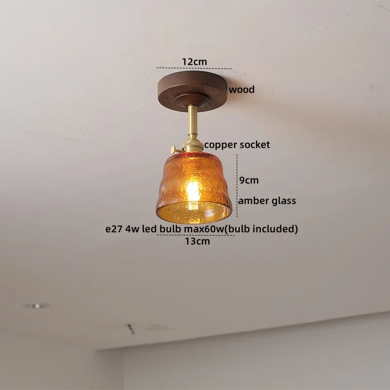 Green Glass Ceiling Lamp Copper Wood Accent