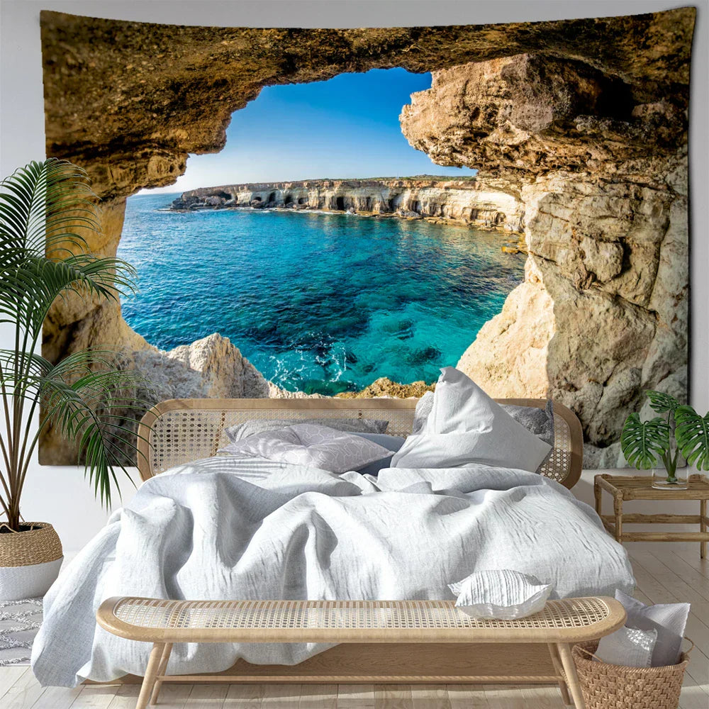 Beach Cave Landscape Tapestry Wall Hanging by Decobites: Minimalist Bohemian Aesthetics Room Decor